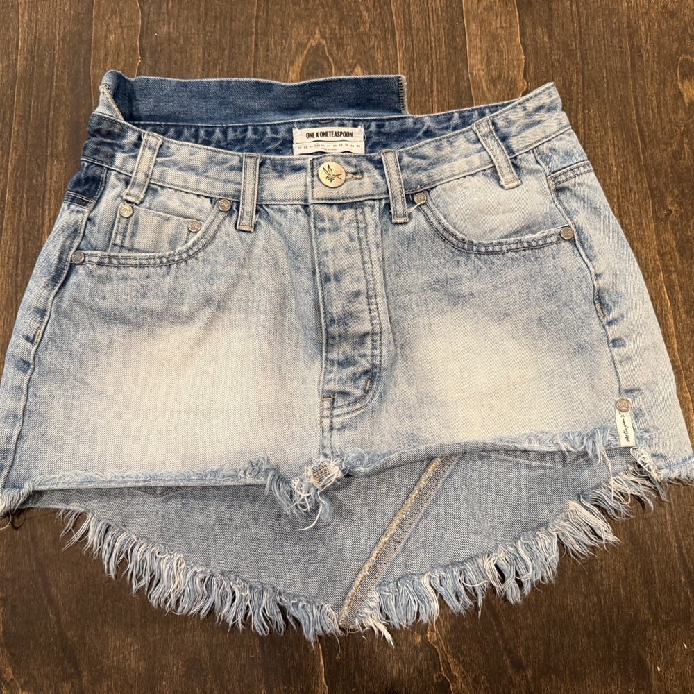 One Teaspoon Light Blue Frayed Jean Skirt